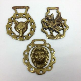 3 Vintage Brass Horse Bridle Saddle Harness Ornament Medallions Wolf Lion Dragon