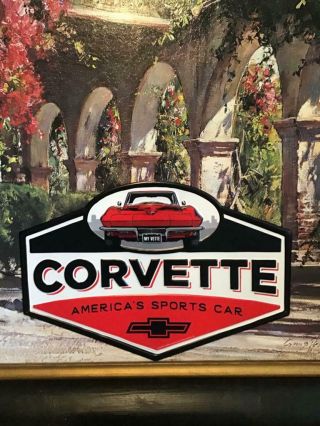 Large Chevrolet Corvette Sports Car Embossed Metal Signn Truck Sales Dealer Gm