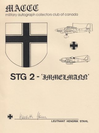 Knights Cross Oak Leaves Stuka " Immelmann ".  Hendrik Stahl Signed Graphic