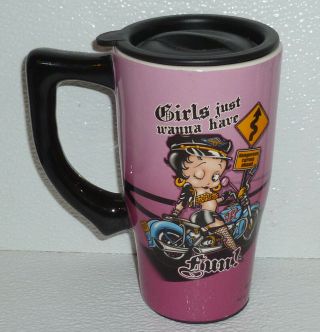 Betty Boop Mug Cup Travel Ceramic Vtg 2007 Biker Motorcycle Pink 6.  25 "