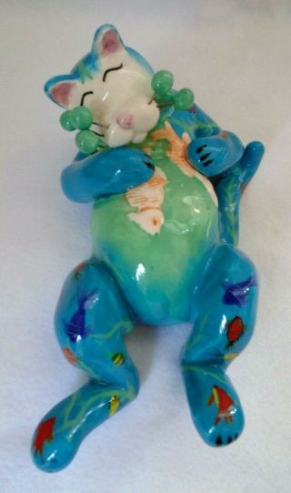 Ceramic Whimsiclay Figurine Kitty Cat Dreaming Of Fish By Amy Lacombe 2005
