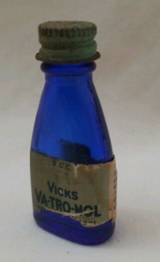 Vintage Tiny Blue Bottle Of Vicks Va - Tro - Nol Sample Bottle Empty 1.  5 " Tall