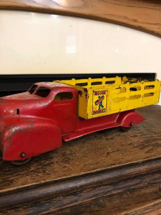 Vintage Marx Pressed Steel " Motor Market Delivery " Yellow Stake Bed Truck,  14 "