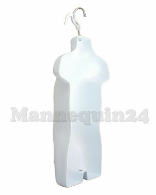 3 WHITE MANNEQUINS: MALE,  CHILD & TODDLER TORSO BODY FORMS,  3 HANGERS,  1 STAND 3