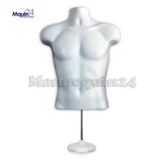 3 WHITE MANNEQUINS: MALE,  CHILD & TODDLER TORSO BODY FORMS,  3 HANGERS,  1 STAND 5