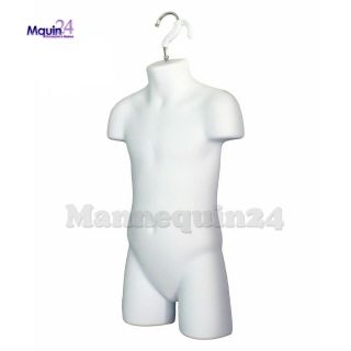3 WHITE MANNEQUINS: MALE,  CHILD & TODDLER TORSO BODY FORMS,  3 HANGERS,  1 STAND 6