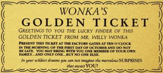 Willy Wonka Golden Ticket Gold Sign Wall Art Charlie Chocolate Factory