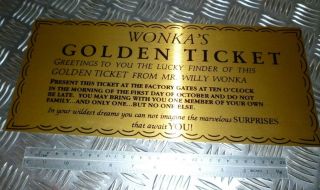 WILLY WONKA GOLDEN TICKET GOLD SIGN WALL ART charlie chocolate factory 2