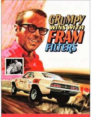 Grumpy Jenkins Classic Fram Filter Banner 38”x30”.  70 Camaro Chev Drag Race Nhra