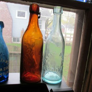 Easton,  Pa.  Seitz Bros.  2 Amber & Aqua Pint Blob Top Beer Bottles Penn Bottle