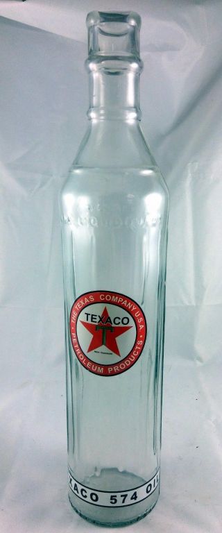 Texaco Red Star Green T Logo Extra Tall Skinny 1 Quart Glass Motor Oil Bottle
