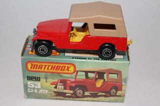Matchbox Superfast 53 Jeep Cj - 6,  Red,  Yellow Interior,  Unpainted Base,  Boxed