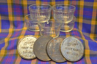 Group Of 5 Vintage Kerr 552 Glass Jelly Jars & 4 Tin Lids