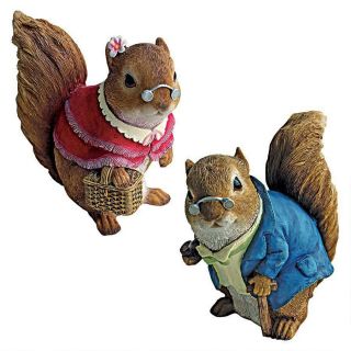 Set Of 2: Best Dressed Woodland Squirrel Pair Garden Nature Sculpture