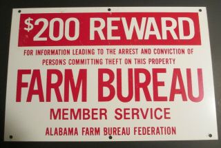 Vvintage 1960  S 70’s Alabama Farm Bureau Metal Reward Sign 12“ X 8“ Nos