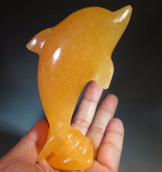 4 " Gorgeous Natural Orange Calcite Crystal Carving Dolphin - Mexico 7049