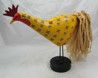 Wood Carved Chicken Hand Painted Folk Art Statue Raffia Tail Rustic