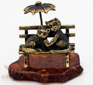 Solid Brass Amber Figurine Of Cat Couple On Bench Together & Forever Ironwork