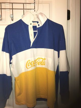 Vintage Coca Cola Polo Shirt 80s Rugby Long Sleeve Retro Blue/yellow - Large
