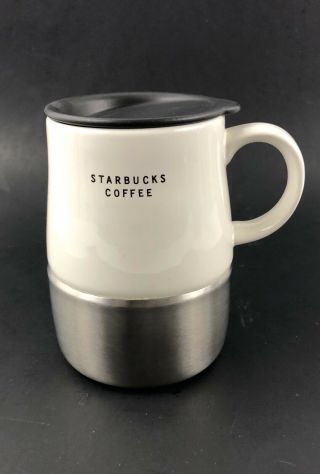Starbucks Coffee Cup White And Stainless Steel Travel Mug 14 Oz 2004 Silver