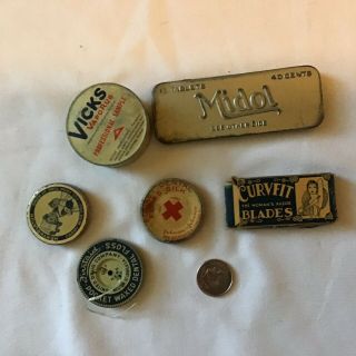3 Vintage Medicine Tins 2 Dental Floss Tins Midol,  Vicks,  Mentholatum,  Red Cross