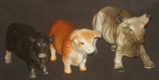 3 Vintage Ceramic Bull Cow Figurines Brahma Hereford Black Angus
