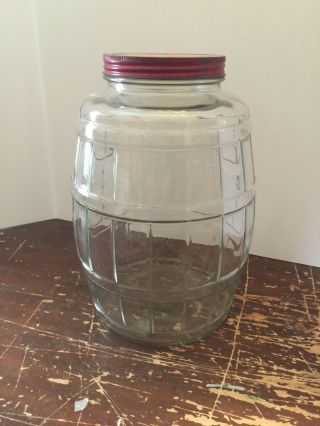 Vintage Large Glass Barrel Shaped Vacuum Packed Coffee Jar With Lid