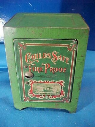 Early 20thc Childs Safe Tin Litho Fireproof Savings Bank W Ship Image