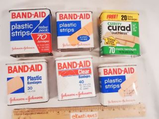 6 Vintage Metal Tin Band - Aid Boxes (1=curad) All Different Good Graphics