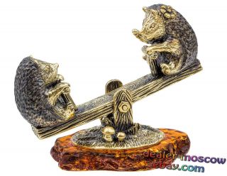 Bronze Solid Brass Baltic Amber Figurine Hedgehogs On A Swing Statuette