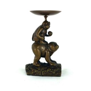 Brass Mini Candle Holder W/ Baby Monkey On Mother 