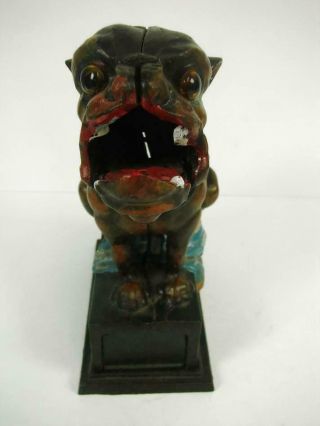 Vintage Antique Bull Dog Book of Knowledge 63 Cast Iron Bank Glass Eyes 2