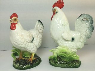 Vintage Poultry Pair Ceramic Napcoware 8 " Rooster 6 3/4 " Hen Chicken Figurines