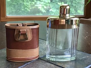 Vintage Glass And Brass Flask With Two Tone Brown Leather Case