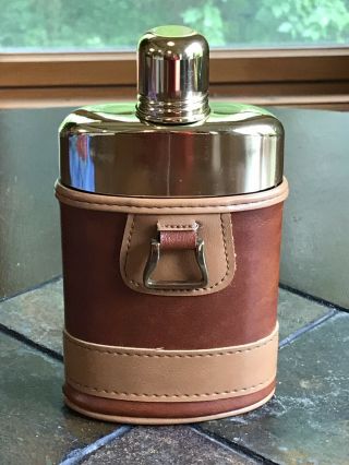 Vintage Glass And Brass Flask with Two Tone Brown Leather Case 2