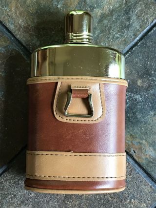 Vintage Glass And Brass Flask with Two Tone Brown Leather Case 3