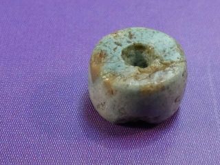 ANCIENT PERUVIAN PRE - COLUMBIAN CHAVIN GREEN TURQUOISE DISC BEAD 7.  4 BY 4.  5 MM 2