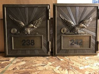 2 Vintage Antique Brass Post Office Mail Box Doors W/hinge And Key,  Eagle