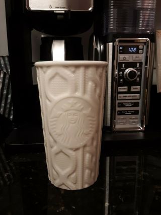 Starbucks 2016 White Ivory Cable Knit Sweater Ceramic Travel Tumbler