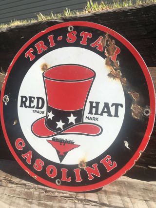 Vintage Red Hat Gasoline Porcelain Sign Food Gas Oil Pump Plate Station
