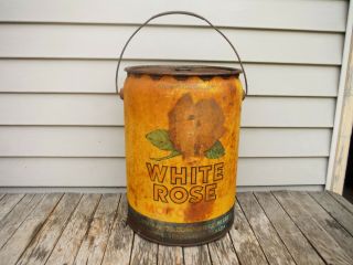 VINTAGE 5 IMPERIAL GALLON WHITE ROSE MOTOR OIL CAN CANADIAN OIL COMPANIES RARE 2