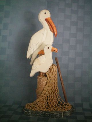 Pelicans On Piling Pier Post - Hand Carved Wooden Sculpture - Collectible
