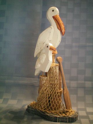 Pelicans on Piling Pier Post - Hand Carved Wooden Sculpture - Collectible 2