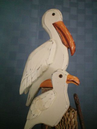 Pelicans on Piling Pier Post - Hand Carved Wooden Sculpture - Collectible 3