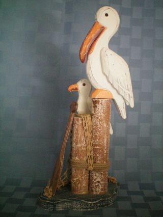 Pelicans on Piling Pier Post - Hand Carved Wooden Sculpture - Collectible 5