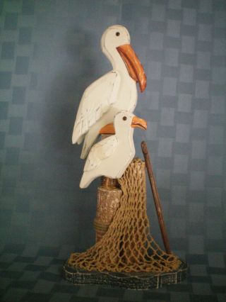Pelicans on Piling Pier Post - Hand Carved Wooden Sculpture - Collectible 6