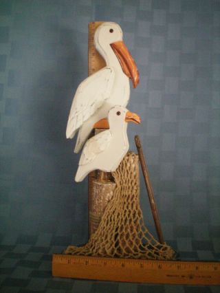 Pelicans on Piling Pier Post - Hand Carved Wooden Sculpture - Collectible 7