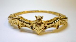 Gold Tone Bat Bangle Bracelet Stretched Wings Hinged Design 2 Stones Signed Sts