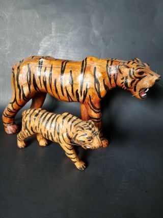 2 Vintage Leather Wrapped Paper Mache Tiger Figurine Glass Eyes Teeth Whiskers