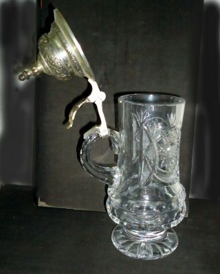 Vintage Heavy Crystal Cut Glass German Stein w/ Pewter Lid Rein Zinn 2